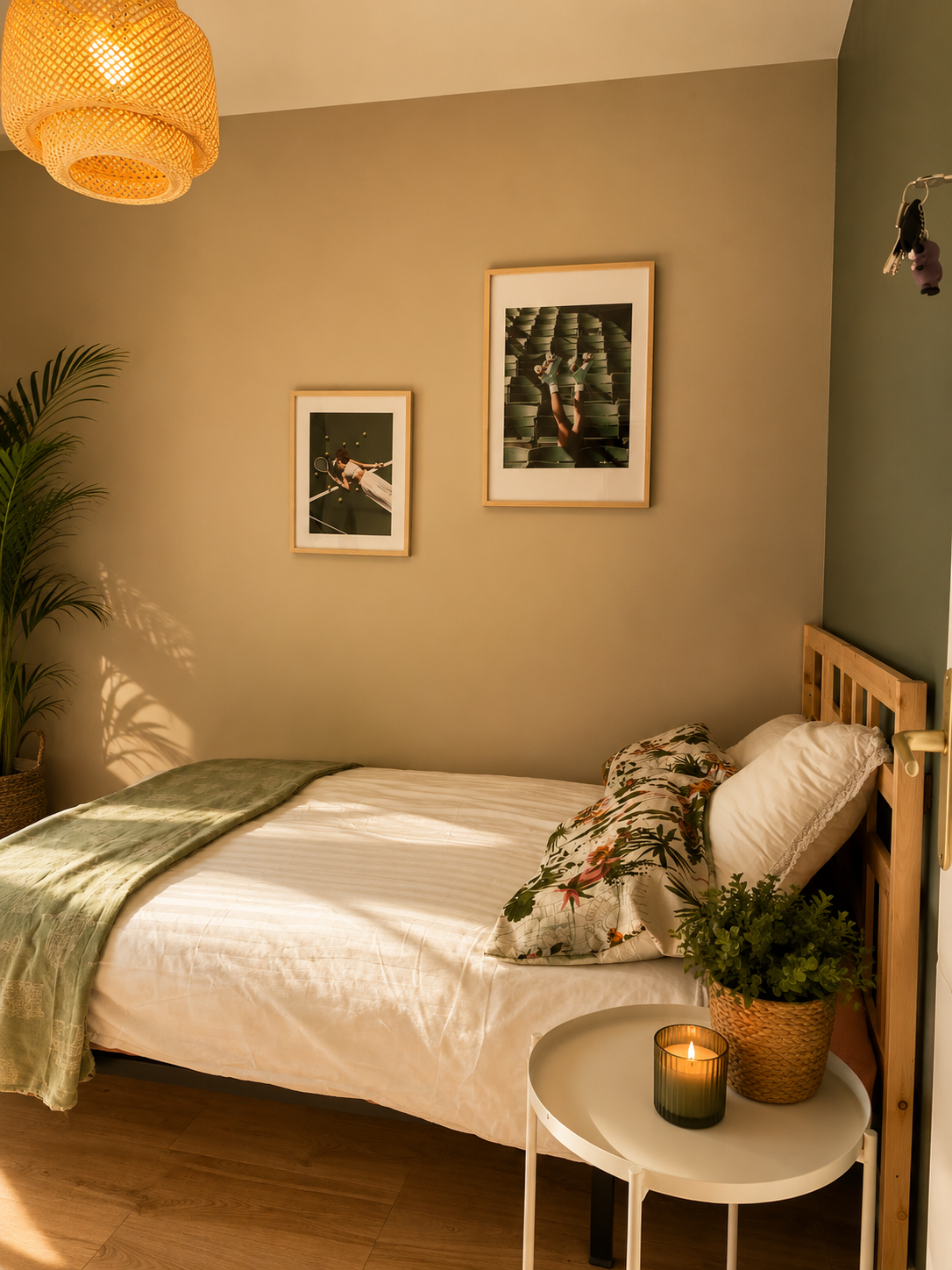Chambre La Monstera — tons vert sauge, balcon