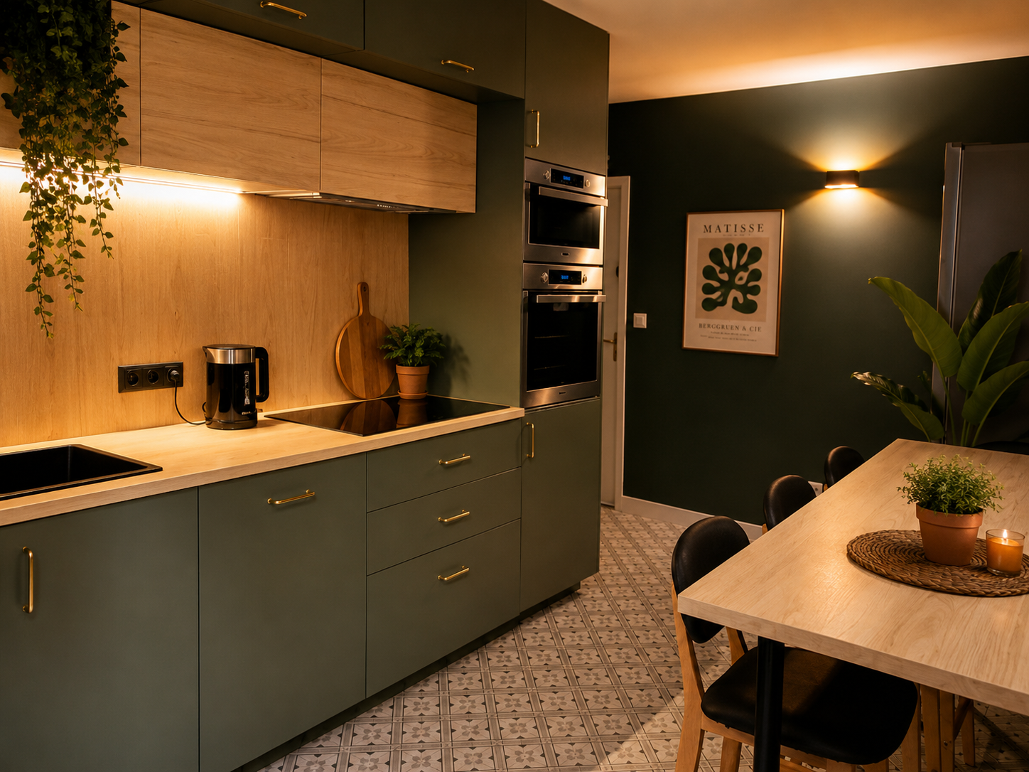 Cuisine équipée vert sauge colocation Grenoble