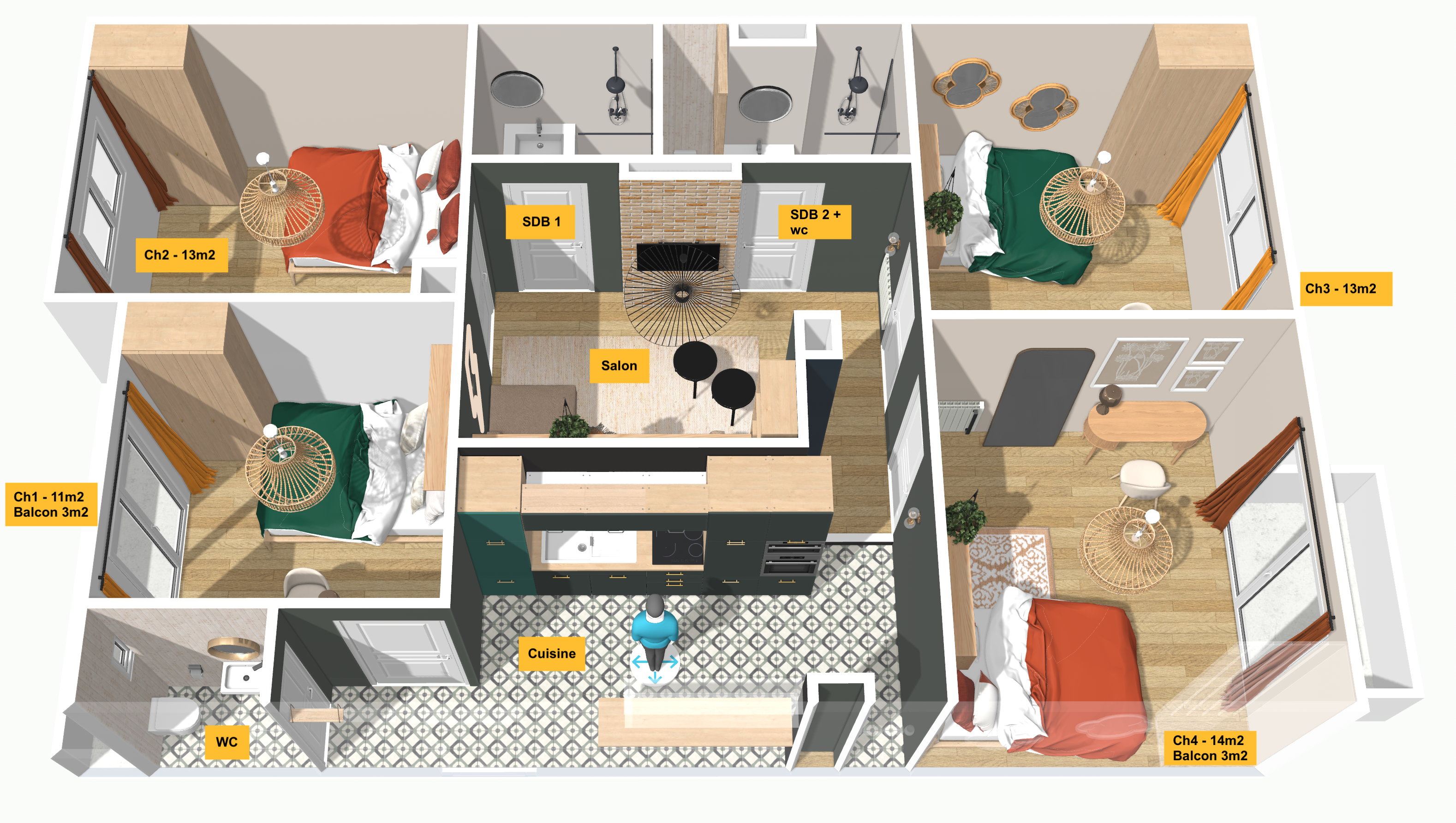 Plan 3D appartement colocation Royal Canopy Grenoble 90m2
